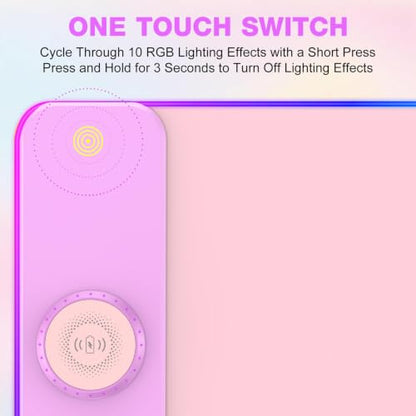 TARKARI 15W Magnetic Wireless Charging RGB Mouse Pad, 800x300mm Pink - color: Pink