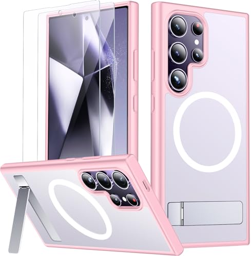 SPIDERCASE Magnetic for Samsung Galaxy S24 Ultra Case, with Invisible Kickstand [Military Grade Drop Protection] [2 pcs Tempered Glass Screen Protectors] Shockproof Slim Case,Pink - color: Pink