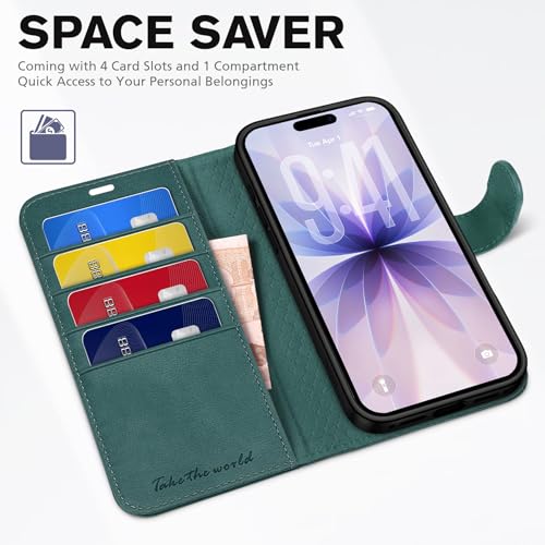 TUCCH Wallet Case for iPhone 17 (6.3") 2025, 4 Card Holders, Teal Blue | RFID Blocking, Viewing Stand, Shockproof TPU Shell, PU Leather, Magnetic Closure, Protective Folio Flip Cover - color: Textured Teal Blue