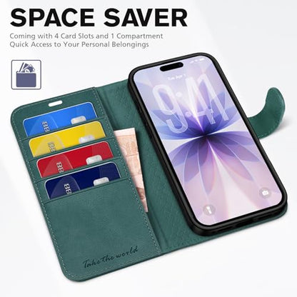 TUCCH Wallet Case for iPhone 17 (6.3") 2025, 4 Card Holders, Teal Blue | RFID Blocking, Viewing Stand, Shockproof TPU Shell, PU Leather, Magnetic Closure, Protective Folio Flip Cover - color: Textured Teal Blue