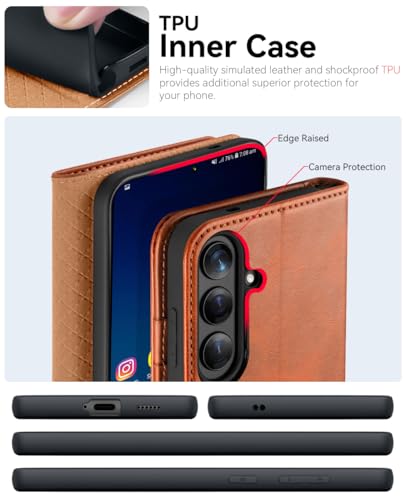 OCASE Compatible with Galaxy S25 FE Wallet Case, PU Leather Flip Folio Case with Card Holders RFID Blocking Kickstand [Shockproof TPU Inner Shell] Protective Phone Cover 2025, Brown | Foldable RFID case magnetic card slot stand function flip case protecti