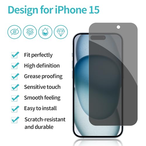 PEHAEL for iPhone 15 Privacy Screen Protector+Camera Lens Protector