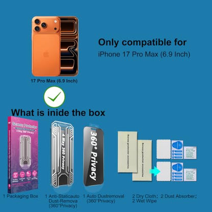 [2 Pack 4 Way Privacy Screen Protector for iPhone 17 Pro Max | Anti-Spy Tempered Glass 9H Hardness Shatterproof, 3D Curved Edges, Case-Friendly, Bubble-Free Easy Installation - size: 6.9 inches