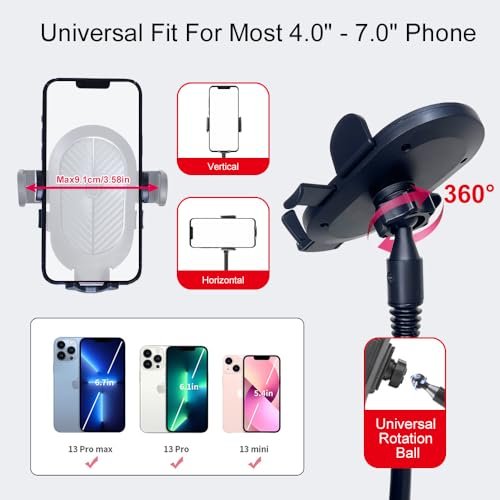 JINKEY Dual Cup Holder Phone Mount for Car, 2-in-1 Car Cup Holder Expander with Adjustable Gooseneck, 360° Rotating Cell Phone Holder, Adjustable Base for 4–6.7 in Smartphones