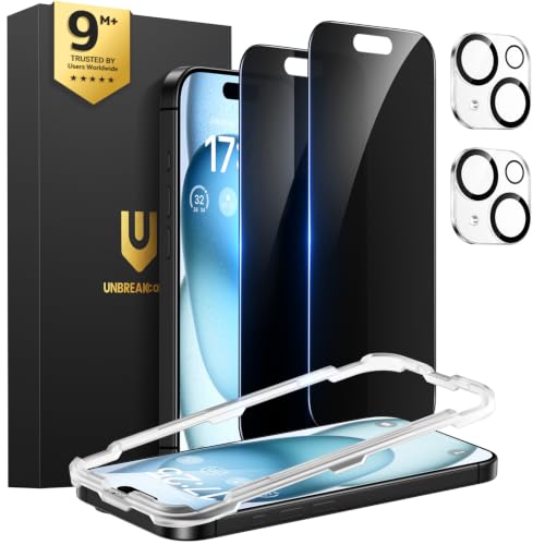 UNBREAKcable iPhone 15 Privacy Screen Protector 2-Pack, Upgraded Dual-Tempered Glass + 2 Camera Lens Protectors, 25° Anti-Spy, Military-Grade 9H+, HD Clear, Anti-Fingerprint, 6.1 Inch - size: iPhone 15