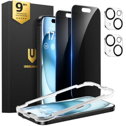 UNBREAKcable iPhone 15 Privacy Screen Protector 2-Pack, Upgraded Dual-Tempered Glass + 2 Camera Lens Protectors, 25° Anti-Spy, Military-Grade 9H+, HD Clear, Anti-Fingerprint, 6.1 Inch - size: iPhone 15