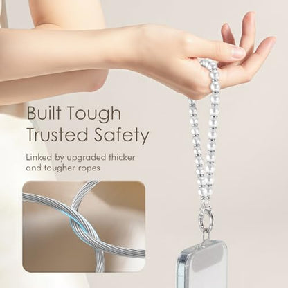 SURPHY Phone Charm, Handmade Beaded Phone Wrist Strap with Tether Tab - color: A- Pearl Silver