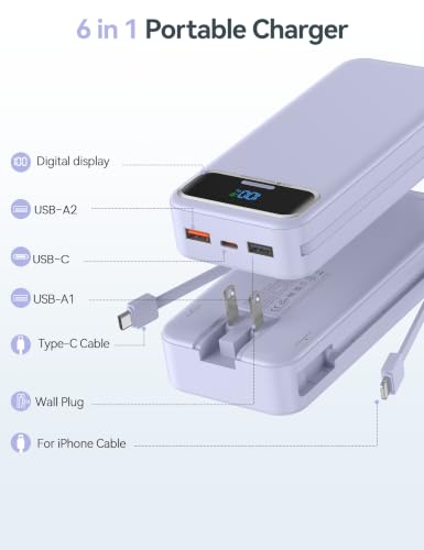 aonidi Portable Charger 20000mAh with Built-in Cables&AC Wall Plug, Purple - color: Violet