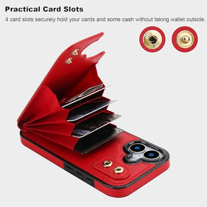 Folosu for iPhone 17 Case Wallet with Card Holder, Finger Ring Cover Red - color: Red