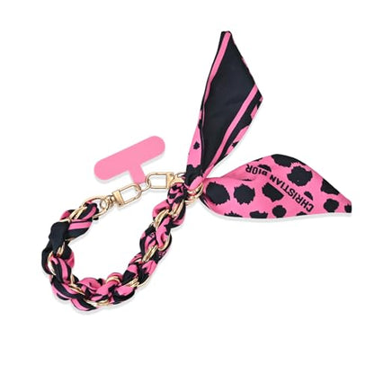 Phone Wrist Strap with Gold Metal Scarf and Universal Tether Tab, Aesthetic Print Design Ribbon Chain, Multi-Purpose Accessories for Bag Key Cellphone for Men Women Girls-Hot Pink Leopard - color: Hot Pink Leopard
