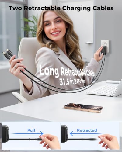 SUPERONE 62W Retractable Wall Charger with Dual USB C & Apple Cables - size: Type-C & Apple Cables - Black