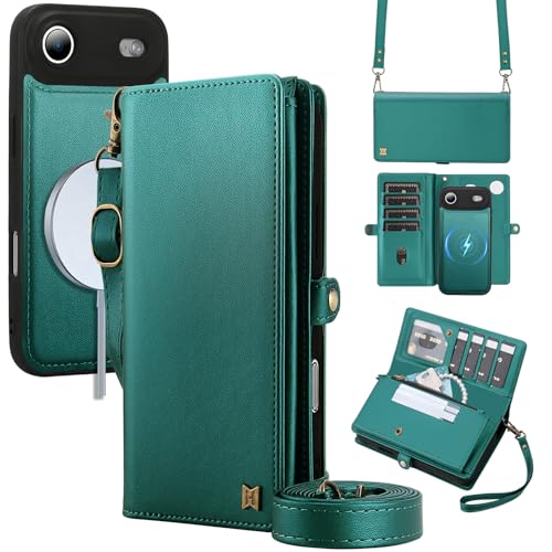 for Wallet Case Compatible with iPhone 17 Air,Multi-Function Detachable 2 in 1 Magnetic iPhone 17 Air Case Wallet,Flip Strap Zipper Card Holder Phone Case with Shoulder Straps (Green) - color: Green, size: iPhone 17Air