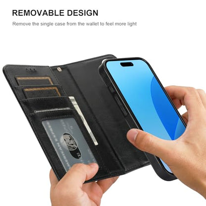 Bocasal Detachable Wallet Case Card Holder for iPhone 16, Black | RFID Blocking Kickstand Card Slots Holder PU Leather Magnetic Shockproof Wrist Strap Removable Flip Protective Cover 6.1 inch - color: Black