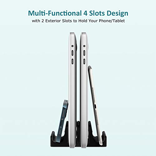 Vertical Laptop Stand - SPACEMax Adjustable GRIPLock Anti-Tip Silicone 4 Slots Aluminum Desktop Holder - Double Dock Stand - 2 Phone Slots Fits Up to 17.3” Laptops, Tablets, Phones - Black - color: Black
