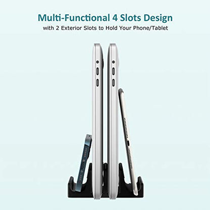 Vertical Laptop Stand - SPACEMax Adjustable GRIPLock Anti-Tip Silicone 4 Slots Aluminum Desktop Holder - Double Dock Stand - 2 Phone Slots Fits Up to 17.3” Laptops, Tablets, Phones - Black - color: Black