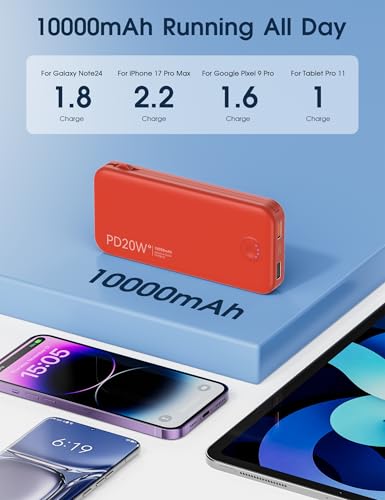Nusyddy Portable Charger 10000mAh Fast Charging w/Built-in Wall Plug Red - color: Red