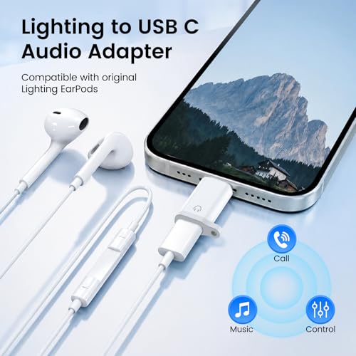 Lightning to USB-C Adapter Audio for Headphones, 2 Pack USB-C Male to Lightning Female Earbuds Adapter with Mic & Line Control, No Charging/Data, Compatible with iPhone 15/16/17, iPad, USB-C Devices