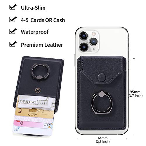 Self Adhesive Phone Card Wallet with Ring Stand Flip Cover, Black - color: Black