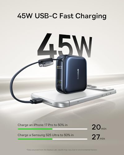 Baseus PicoGo AC22 Mini Power Bank, 10000mAh 45W PD Portable Charger Built-in USB-C Cable, Ultra Small Battery Pack, Fast Charging Battery Bank for iPhone Duo/18/17/16/15 Samsung S26/S25 Pixel iPad - color: Black