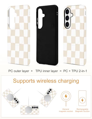 Magnetic Checkered Case for Samsung Galaxy A16 5G, Beige | Compatible with MagSafe, Cute Aesthetic Checkerboard, Soft TPU and Hard PC Protective Phone Cover for Women Girls - color: Beige Checkered