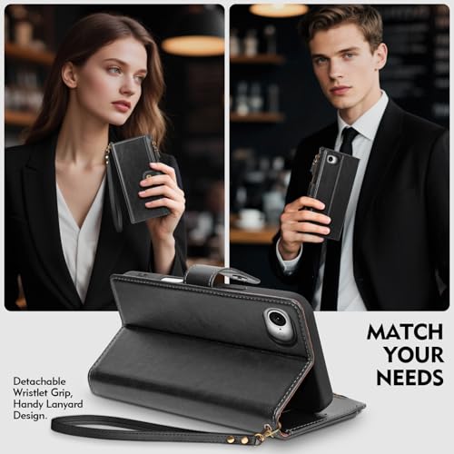 Compatible with iPhone 17e / 16e Wallet Case with Card Holder RFID Blocking Zipper Poket PU Leather Flip Phone Case with Wrist Strap Credit Card Slots Men Women,Black - color: Black
