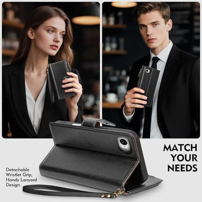 Compatible with iPhone 17e / 16e Wallet Case with Card Holder RFID Blocking Zipper Poket PU Leather Flip Phone Case with Wrist Strap Credit Card Slots Men Women,Black - color: Black