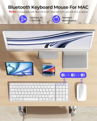 seenda SKM64-2 Bluetooth Keyboard and Mouse Combo for Mac, MacBook and iPad - color: White & Silver