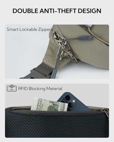 WATERFLY Small Fanny Pack RFID Blocking Travel Hiking Crossbody Waist Bag | Anti-theft design, Water resistant, Lockable zipper, Hidden rear pocket, Lightweight hip belt bag, EDC Running, Cycling, Gym - color: Gray-Green