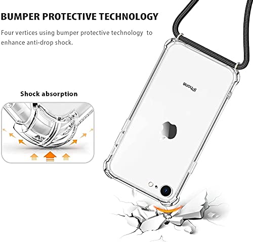 for iPhone 7/8/SE Clear Case Adjustable Shoulder Neck Lanyard Crossbody Strap Phone Cover Women Girls Soft Slim Shockproof Protective Mobile Case for iPhone SE 2020/ iPhone SE 2022 - Black - size: for iPhone 7/8/SE 2020/SE 2022