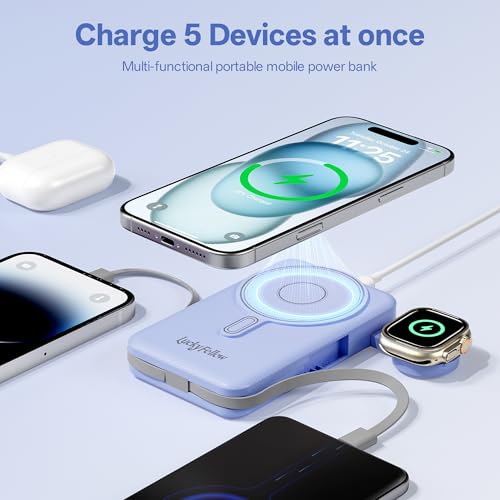 Magnetic Portable Charger Built-in Cables,10000mAh Fast Charging Wireless Charger Station External Battery Pack Slim Pocket Size Power Bank with Stand Compatible with iWatch, iPhone - color: Dark Blue