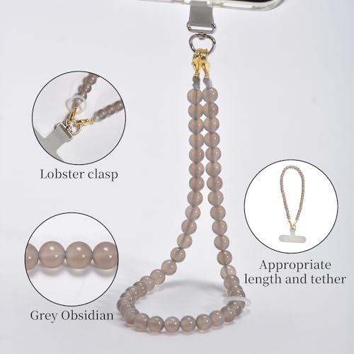 Agate Beaded Phone Wrist Strap for Women Men Stone Beads Charm Handmade Cellphone Chain Lanyard with Tether Tab - color: Grey-1, size: 6mm Beads