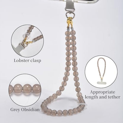 Agate Beaded Phone Wrist Strap for Women Men Stone Beads Charm Handmade Cellphone Chain Lanyard with Tether Tab - color: Grey-1, size: 6mm Beads