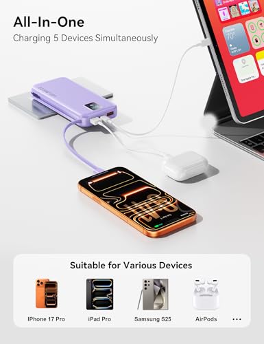 Portable Charger 12000mAh 22.5W w/Built-in Cable & Wall Plug Purple - color: Purple