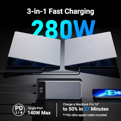 24,000mAh 280W Laptop Power Bank, PD 3.1 Portable Charger with Smart Display, 3-Port USB C Battery Pack for MacBook Pro/Air, iPhone 16/15/14/13 Series, iPad and More, Flight-Approved for Travel
