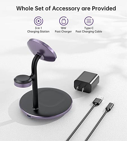 3 in 1 Magnetic Wireless Charging Station for Apple Devices,15W for Magsafe - color: Dark Purple