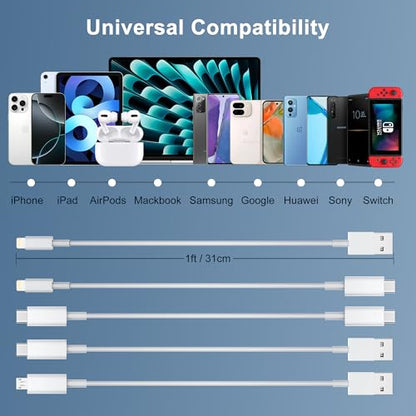 10-Pack 1FT Multi Short Charging Cables, 1FT Short USB C Cables & 1ft Short Lightning Cable & 1-ft Short Micro USB Cable for Charging Stations, Compatible for iPhone, iPad, Samsung, PS, Tablets & More