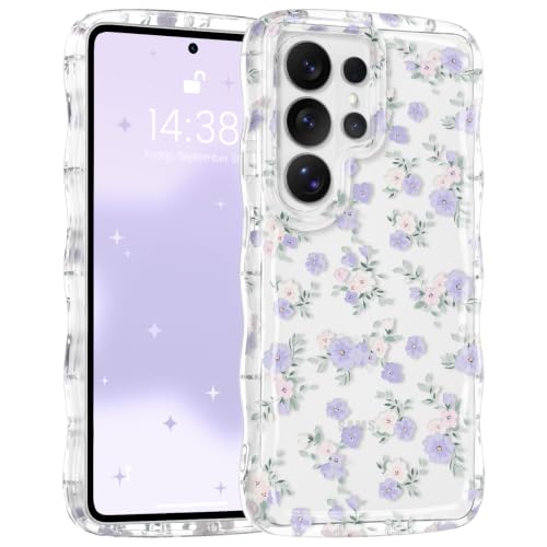 RALEAVO for Samsung Galaxy S26 Ultra Case Cute Floral Acrylic Cover,Purple | Cute Flowers Pattern Design,Clear Curly Wave Frame Cover for Women,Hard Acrylic Shockproof Anti-slip Case for S26 Ultra - color: Clear/Purple Flowers, size: For S26 Ultra