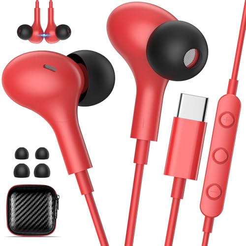 USB C Earbuds with Microphone Cute in Ear Wired Headphone - color: Red Black