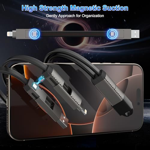 4-in-1 100W USB C Cable Lightning Charging Cable - 6FT Flat Braided Multi iPhone iPad Charger Cord with Lightning, USB-C for iPhone 15/16, Samsung, iPad, MacBook - Supports CarPlay and Android Auto