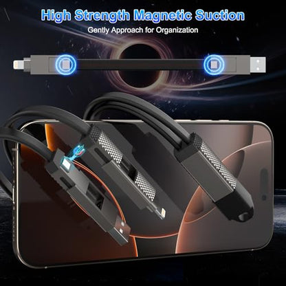 4-in-1 100W USB C Cable Lightning Charging Cable - 6FT Flat Braided Multi iPhone iPad Charger Cord with Lightning, USB-C for iPhone 15/16, Samsung, iPad, MacBook - Supports CarPlay and Android Auto