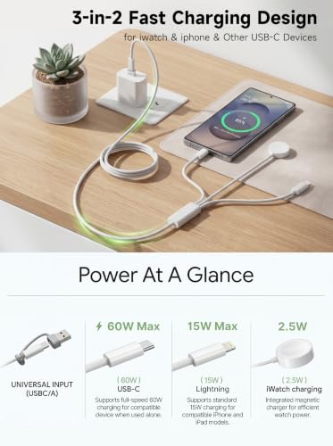 【60W 5FT】for Apple Watch Charger Fast Charging, 3-in-2 Multi Charging Cable, Nylon Braided USB C/L iWatch Charger Cord for iWatch Series Ultra 3/2/SE/11/10/9/8/7/6/5, iPhone 17 15 16 Pro Max/14/13/12