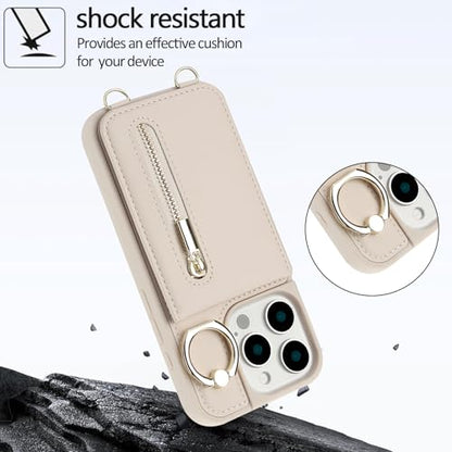 Crossbody Wallet Case for iPhone 12 Pro Max, with Card Slots Zipper Pocket Case, Flip Folio Purse RFID Blocking with Ring Kickstand Detachable Strap-Beige - color: Beige, size: iPhone 12 Pro Max(6.7")