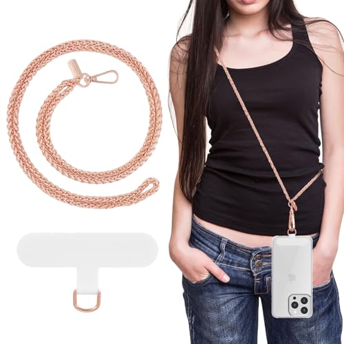MoKo Universal Phone Lanyard, Metal Cell Phone Chain Crossbody Strap Anti-Theft Detachable Women Cellphone Lanyards Around The Neck with Patches for iPhone, Most Smartphones, Pale Rose Gold - color: Pale Rose Gold