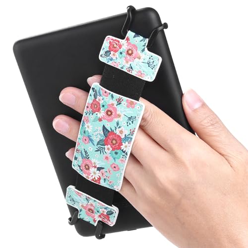 Secure Hand Strap for Kindle and Tablet - High Elasticity Finger Grip Holder Accessories for 6-8 Inches E-Book Tablet - color: Green Flower