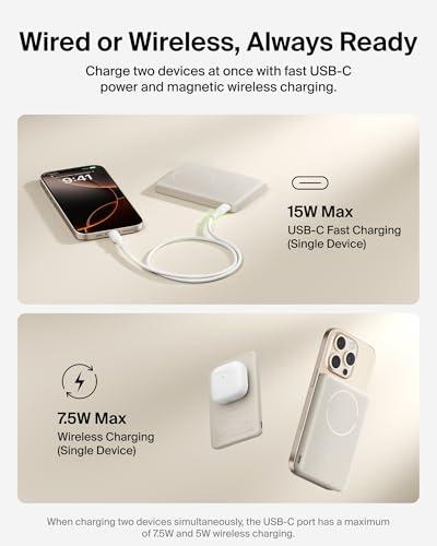 Belkin 5K 7.5W Ultra-Slim Portable Power Bank, Supports MagSafe Accessories - color: Sand