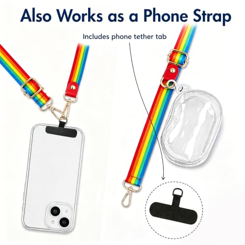 chushui Clip and Go Strap for Phone with Wallet Crossbody, Adjustable Anti-Theft Cell Phone Lanyard,Purse Strap with Zippered Pouch, for Women - color: Rainbow + Clear Pouch + Phone Shim