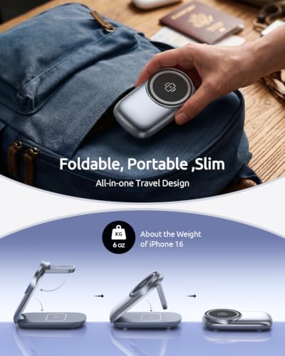 3-in-1 Wireless Charging Station for MagSafe,Foldable Magnetic Stand for iPhone 17/Air/16/15/14/13/12 Series, Apple Watch/AirPods,15W Fast Wireless Charger for Home/Office/Travel