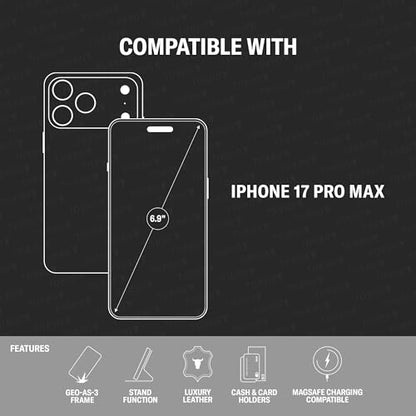 TORRO Leather Case Compatible with iPhone 17 Pro Max 6.9" 2025 - Premium Leather Wallet Flip Case with Kickstand and Card Slots (Compatible with Official MagSafe Chargers) - Black - color: Black with Red Detail, size: iPhone 17 Pro Max