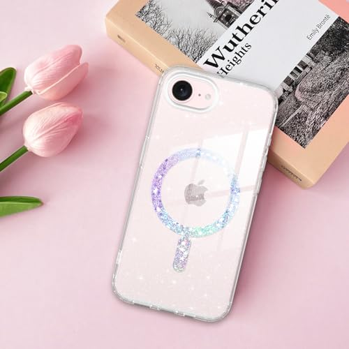 DUEDUE for iPhone 17E/16E Case Magnetic[Compatible with MagSafe], Clear Glitter Anti-Yellowing Bling Sparkle Transparent Phone Case for iPhone 17E/16E 6.1", Clear/Glitter