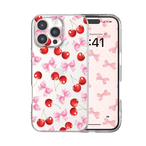 for iPhone 16 Pro Case, Cherries Bows | Cute Bow Cherry Aesthetic Clear Ribbon Pattern Women Girls, Girly Transparent Soft Slim TPU Shockproof Protective Cover - color: Cherries Bows, size: for iPhone 16 Pro